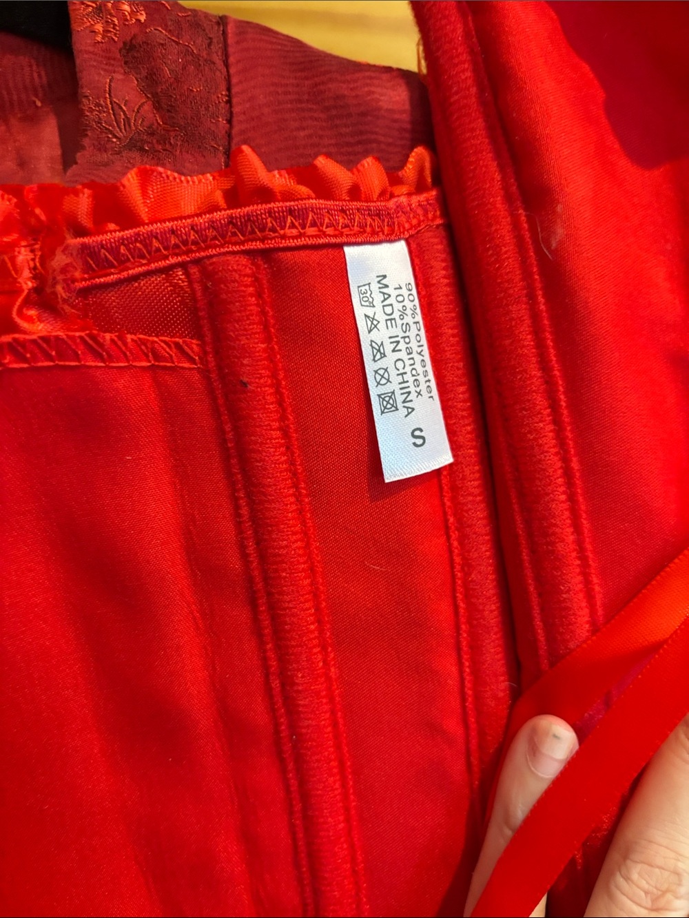 Red Brocade Corset Top with Ruffle Trim - Picture 2 of 3